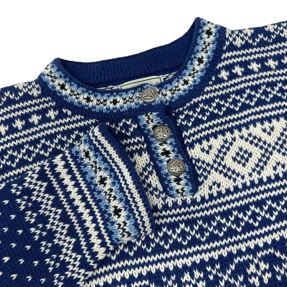 LL Bean Women's Blue White Fair Isle Cotton Crewneck 3 Button Sweater Medium - Picture 3 of 13